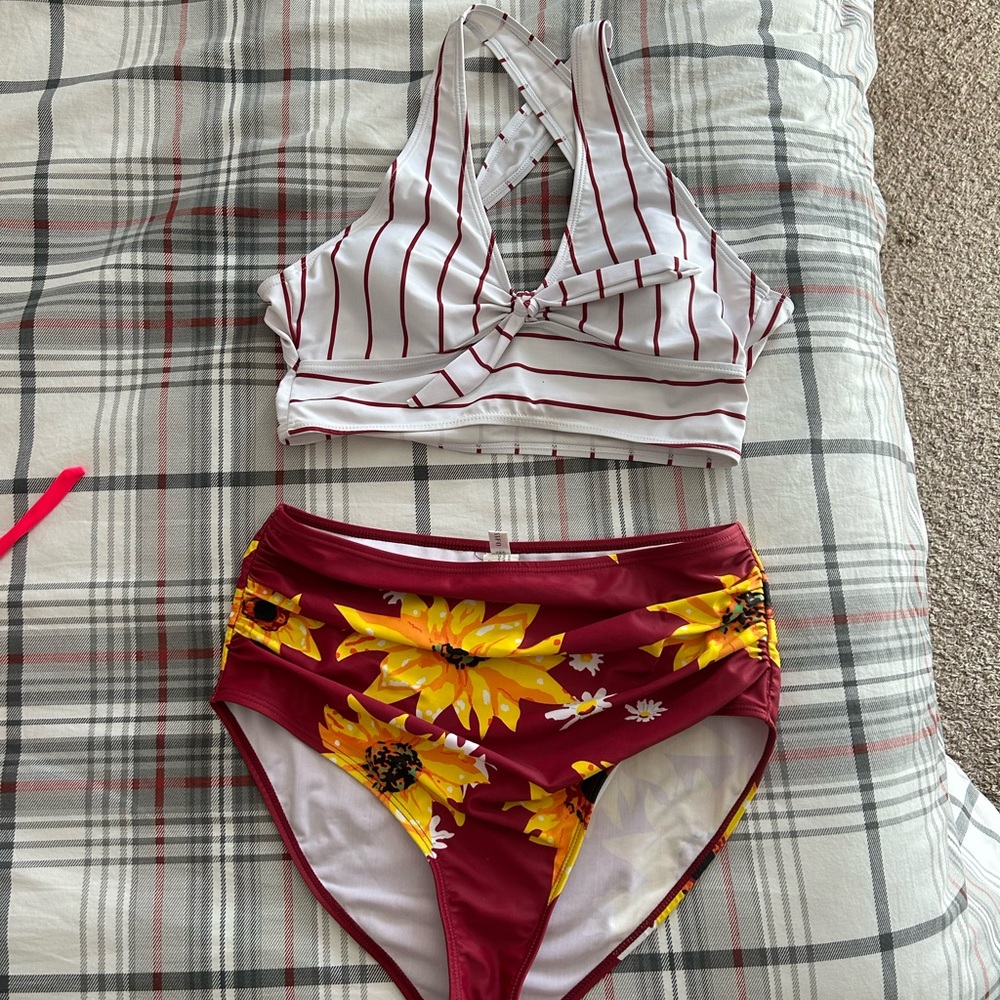 Striped Halter Bikini Top and Floral High-Waisted Bottom